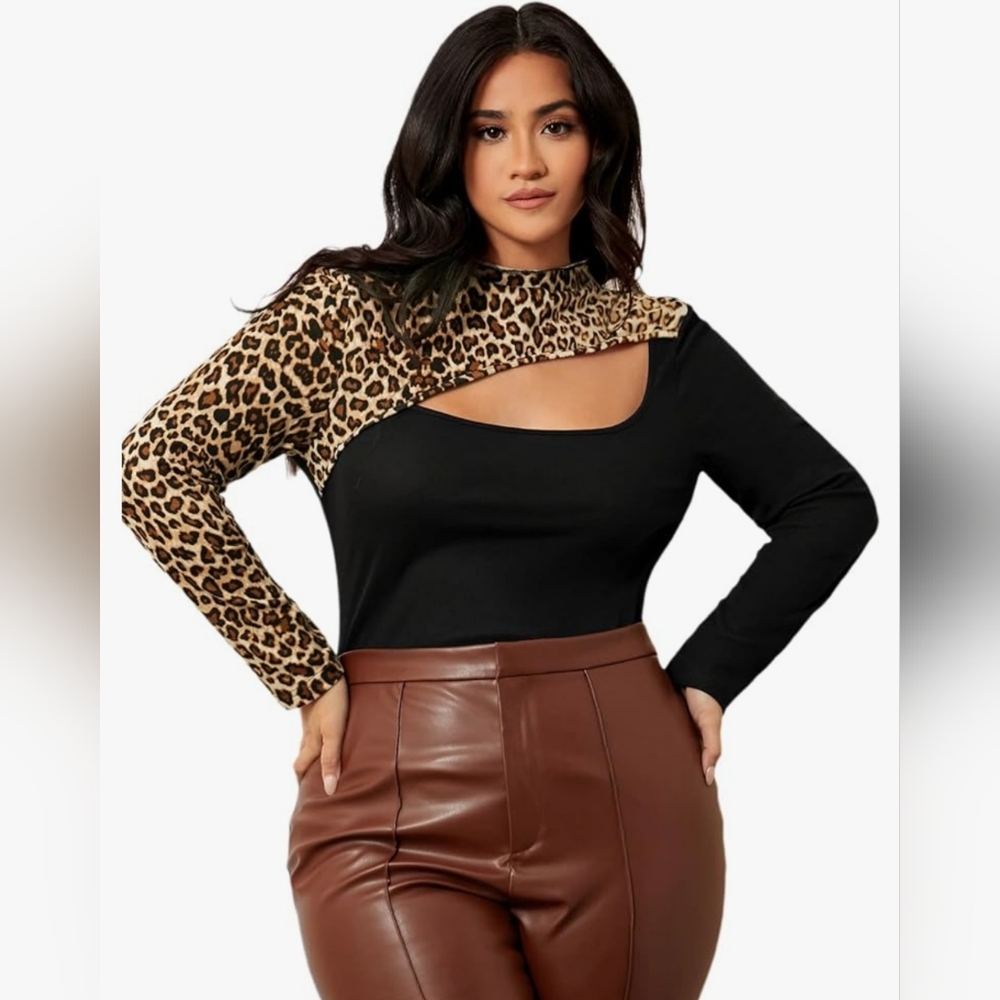 ✨️HP✨️Animal print and black ribbed knit long sleeve top, size L